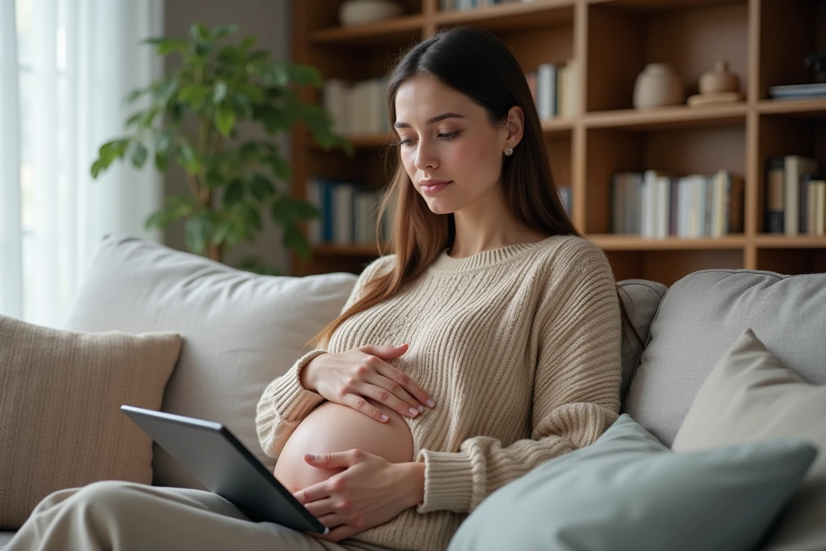 Jeune femme enceinte se reposant sur un canapé avec tablette