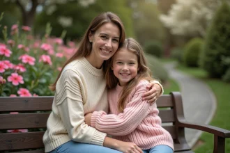 Femme et enfant souriants dans un jardin fleuri