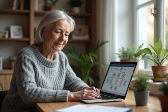 Femme d'âge moyen examinant un arbre généalogique sur son ordinateur