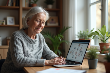 Femme d'âge moyen examinant un arbre généalogique sur son ordinateur