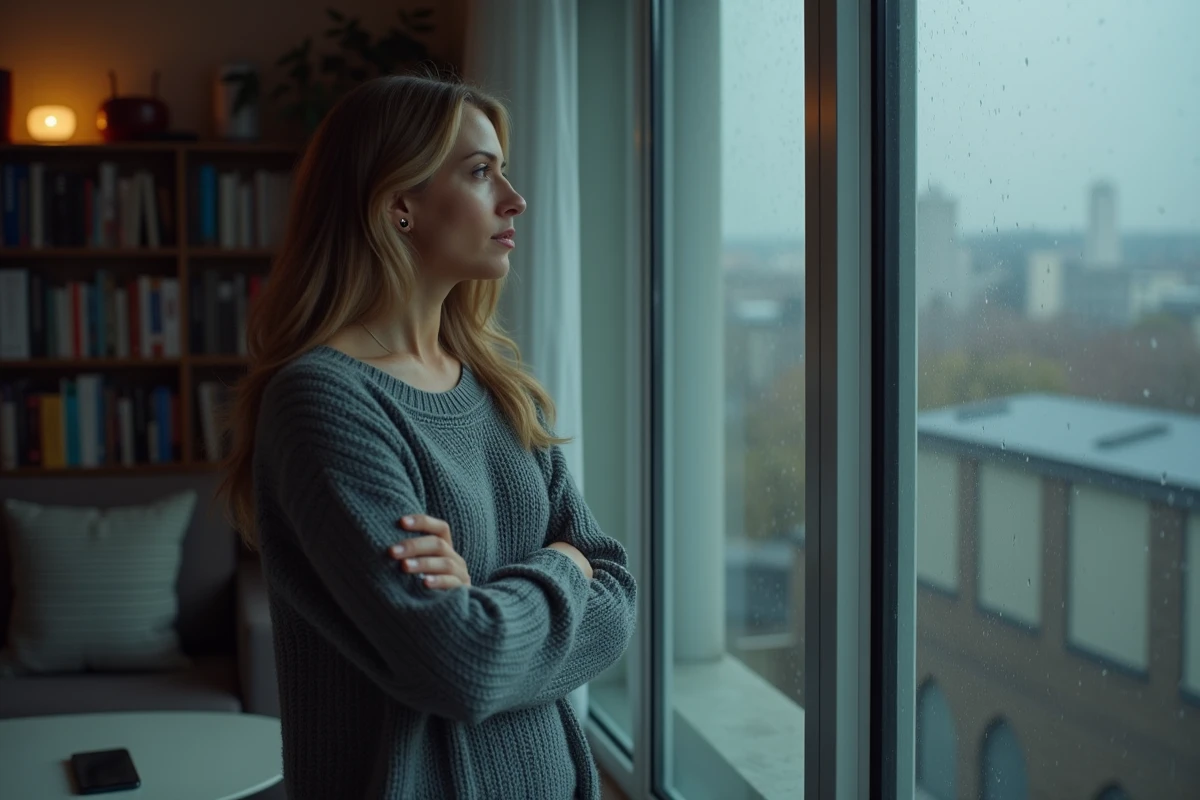 Femme pensive devant une fenêtre sous la pluie, bras croisés, symbolisant le questionnement intérieur face à une relation avec un homme marié