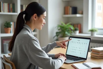 Femme consultant un calendrier Google Agenda sur ordinateur portable avec semaines paires et impaires visibles
