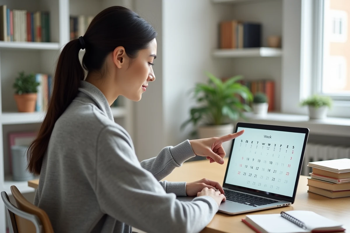 Femme consultant un calendrier Google Agenda sur ordinateur portable avec semaines paires et impaires visibles