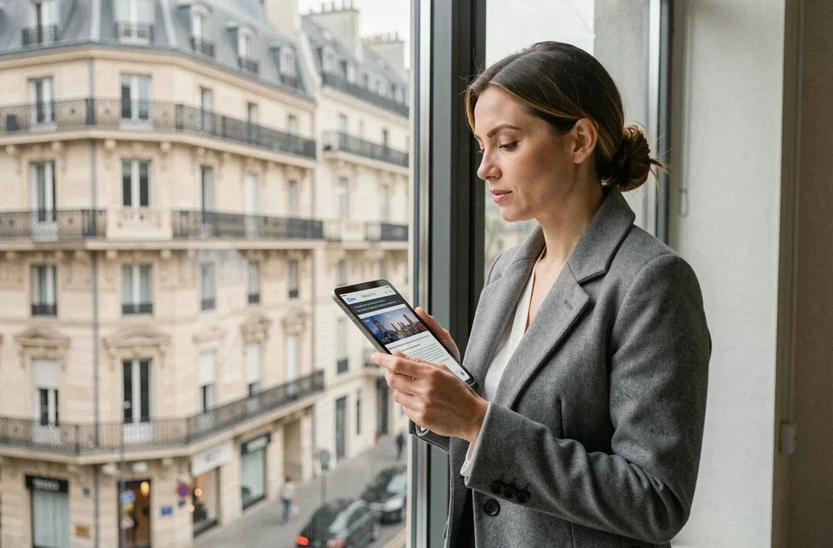 Femme lisant un article de presse sur tablette près d'une fenêtre avec vue sur Paris, évoquant la curiosité du public pour la vie privée des personnalités médiatiques françaises
