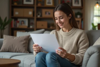 Jeune femme lisant une carte de condoleances chaleureusement