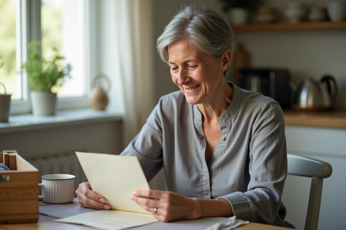 Femme émue lisant une lettre manuscrite laissée par son grand-père décédé, les yeux humides de larmes