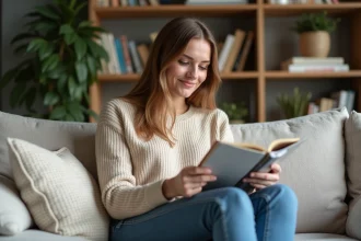 Femme assise sur un canapé en salon moderne avec livres et plantes