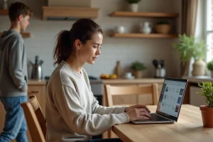 Femme utilisant un ordinateur pour consulter le portail familial à la maison