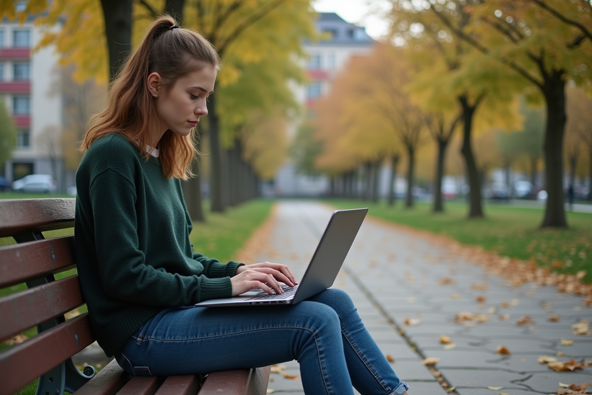 Jeune femme utilisant un ordinateur dans un parc urbain en été
