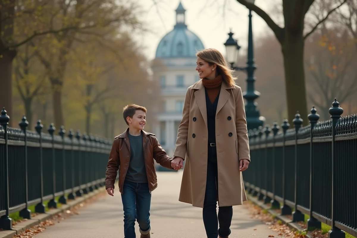 Femme élégante marchant avec un garçon dans un parc parisien