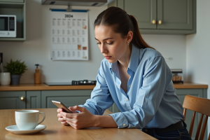 Femme de 31 ans pensant à son smartphone dans la cuisine