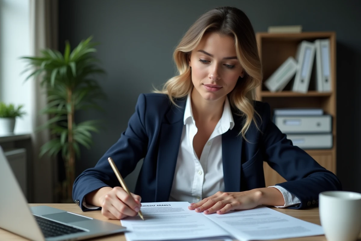 Femme relisant sa lettre de demande de passage à temps partiel 80% pour la CAF dans un bureau à domicile après un congé maternité