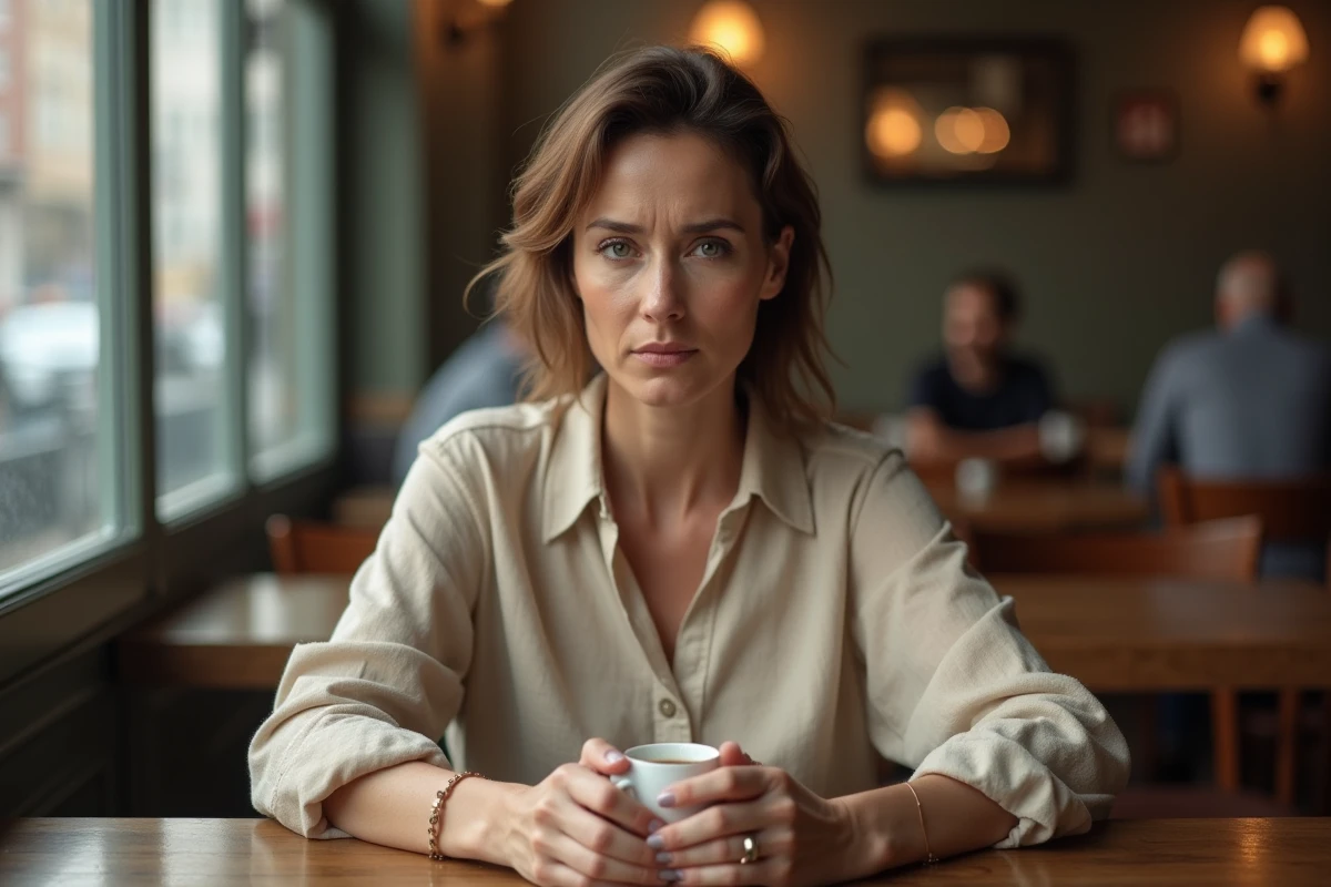 Femme seule dans un café, songeuse et mélancolique, illustrant la solitude d'une relation amoureuse compliquée avec un homme marié