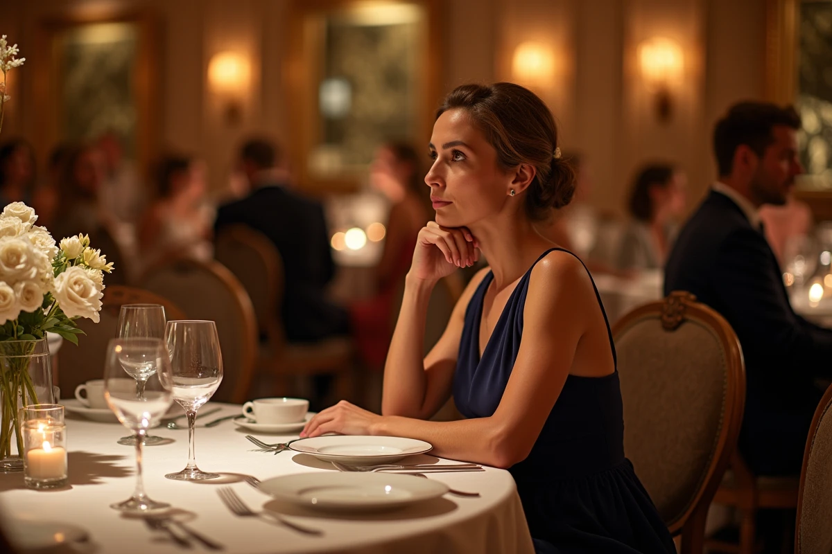 Femme seule à une table de gala, siège vide à côté d'elle, symbolisant l'absence discrète d'un mari peu visible en public