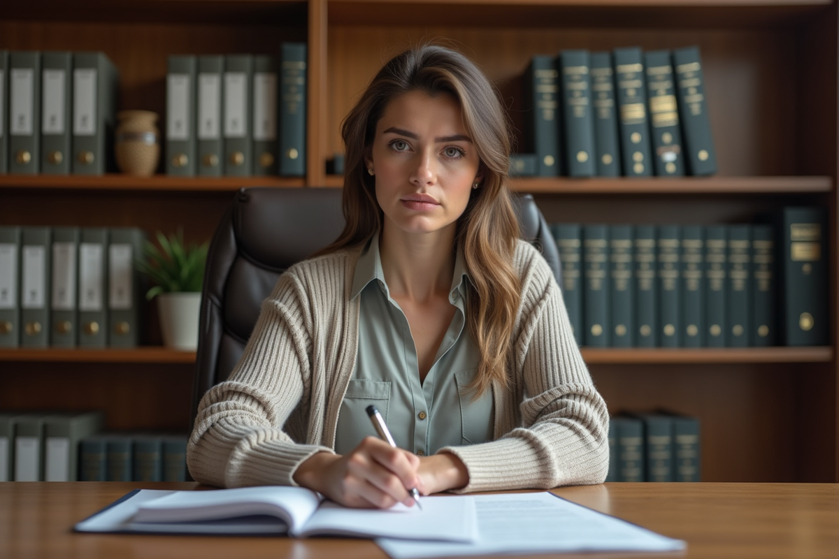 Femme sérieuse signant des papiers dans un bureau notarial