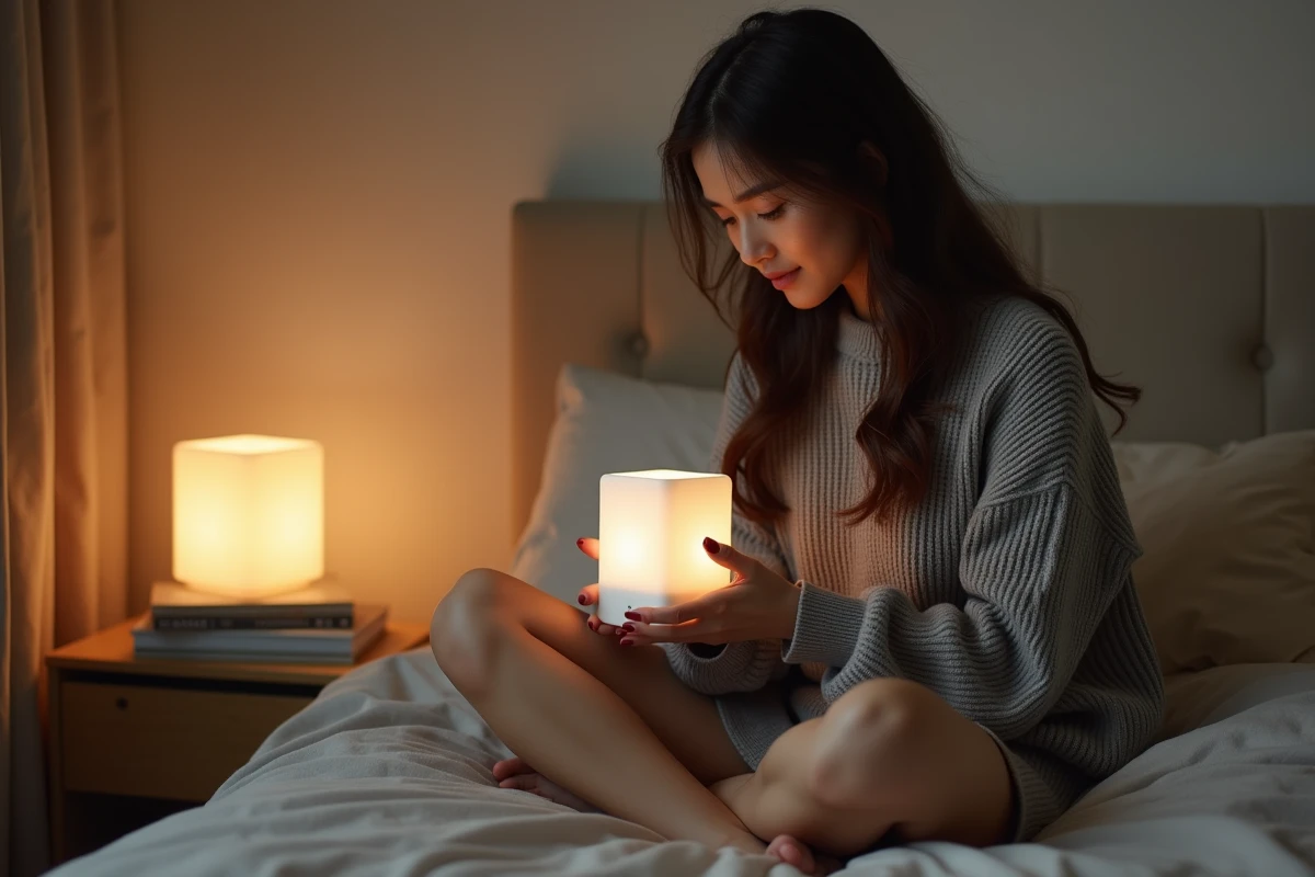 Jeune femme tenant une veilleuse personnalisée avec photo dans une chambre moderne et minimaliste aux tons neutres