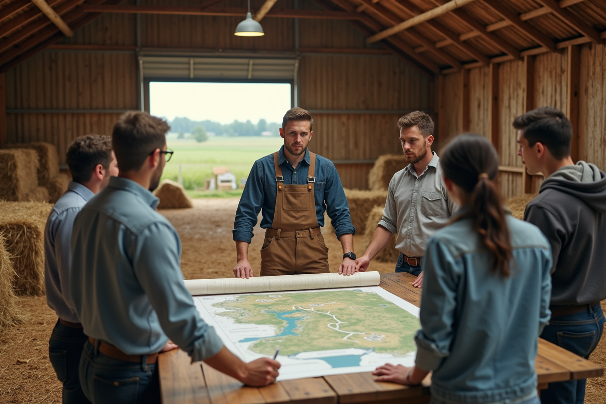 Jeune fermier expliquant une carte dans une grange lumineuse