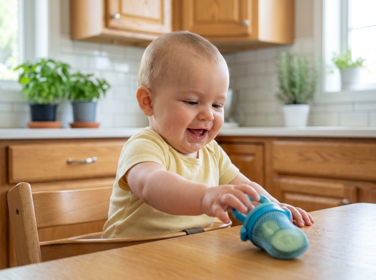 Bébé dans une chaise haute utilisant un filet de dentition avec du concombre frais pour calmer les gencives douloureuses