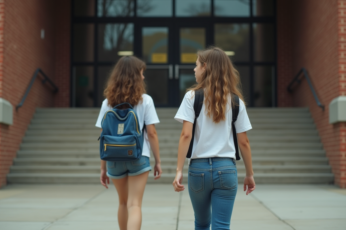 Fille adolescente marchant devant une école en regardant en arrière