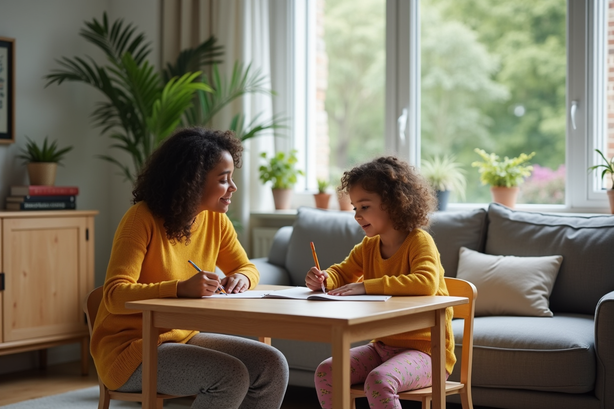 Fille de 6 ans dessinant avec sa mère dans un salon moderne