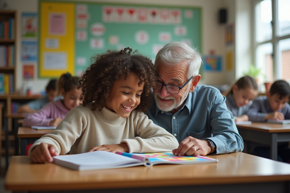 Fille souriante en classe avec son grand-pere et un livre coloré