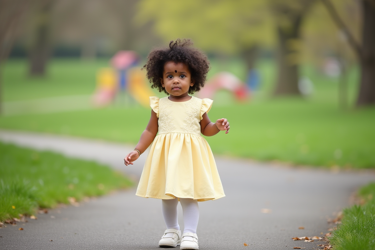 Fille de 20 mois en robe jaune sur un chemin de parc au printemps