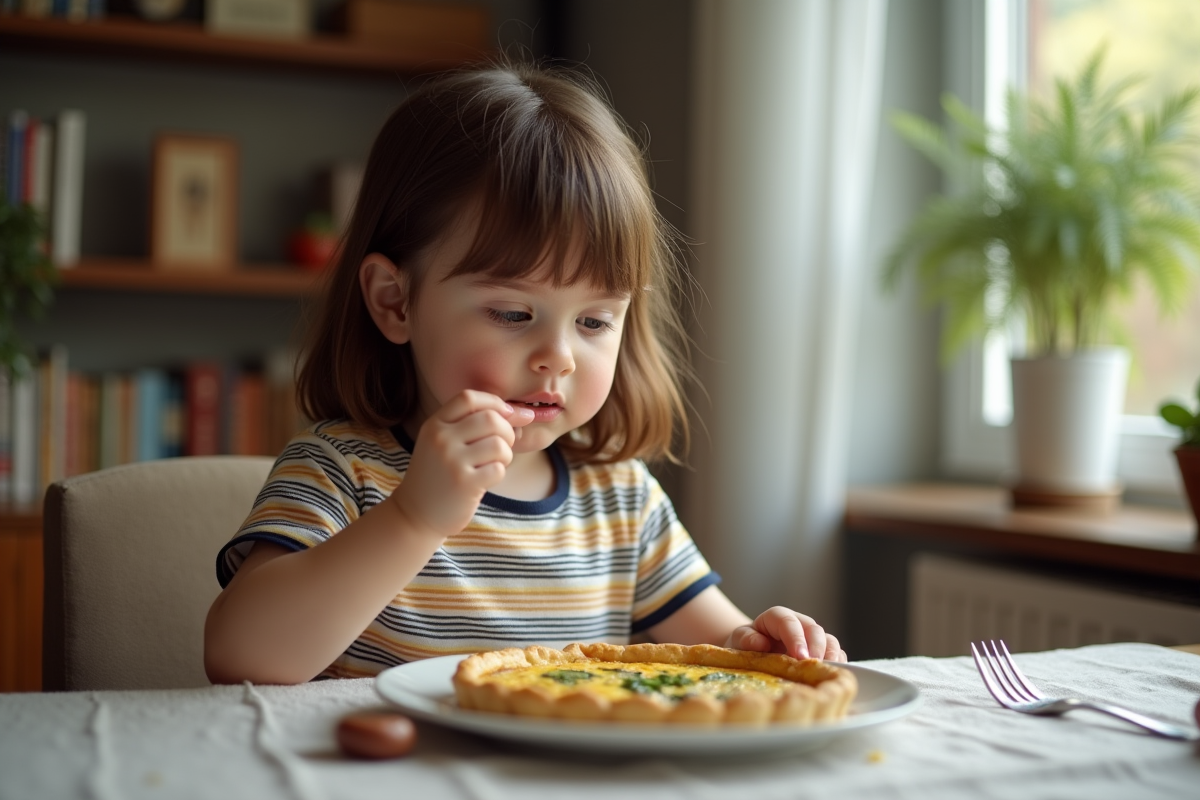 Petite fille mangeant une quiche aux légumes près d