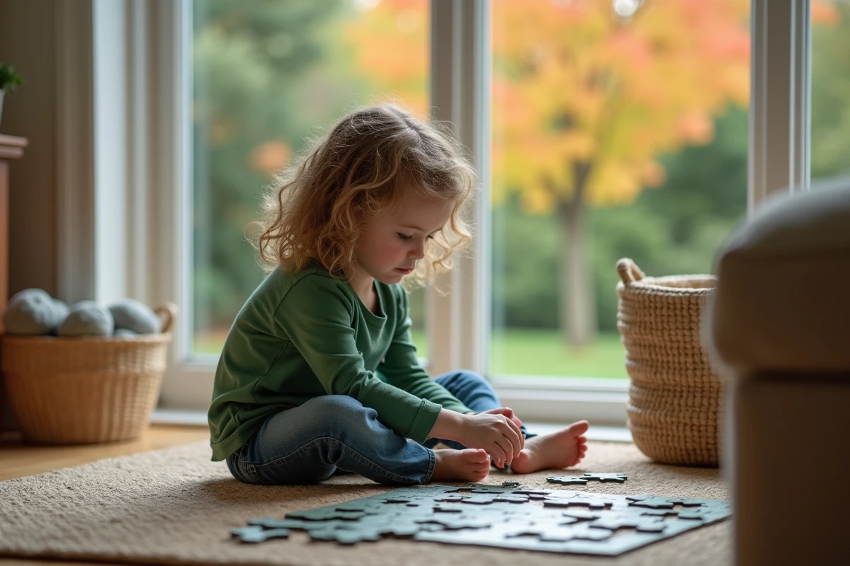 Jeune fille assemblant un puzzle dans une véranda
