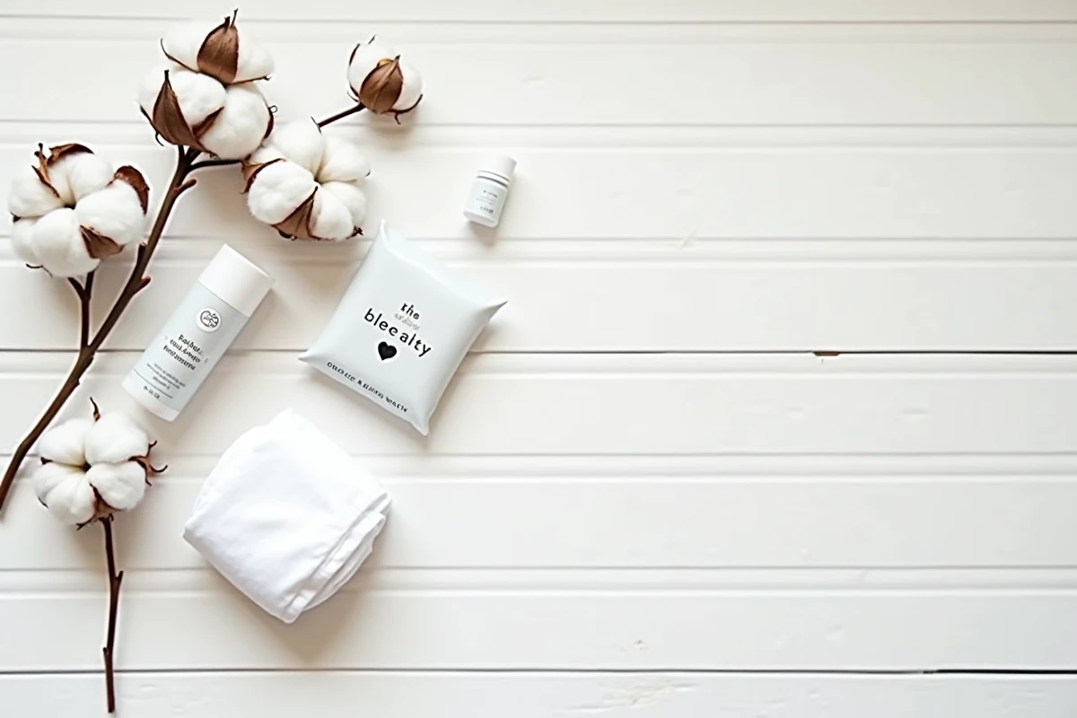 Flat lay de produits échantillons gratuits pour bébé et guide de maternité sur surface en bois blanc