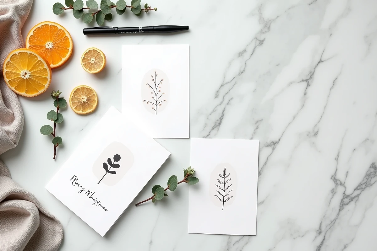 Flatlay élégant de cartes de Noël imprimées modernes sur marbre avec décoration de feuilles d'eucalyptus