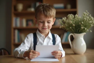 Garçon de 8 ans ému lisant une carte d'anniversaire manuscrite à table dans un décor familial chaleureux
