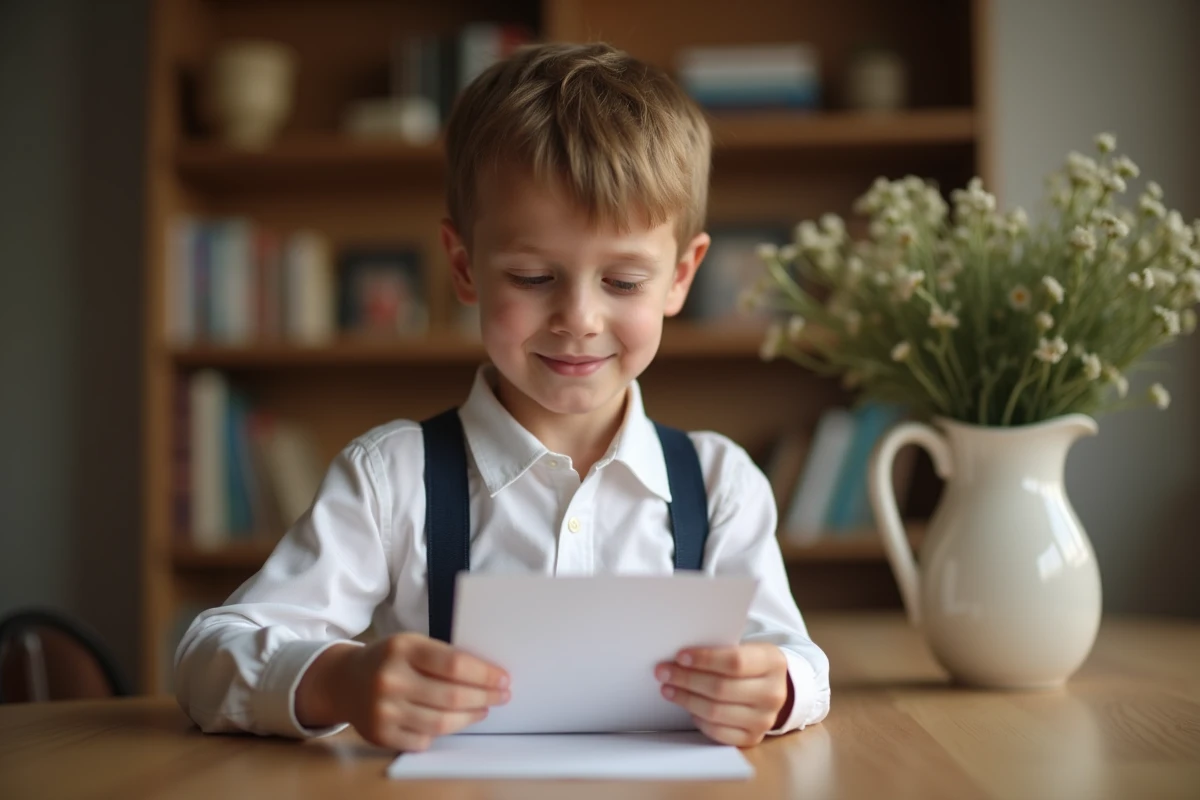 Garçon de 8 ans ému lisant une carte d'anniversaire manuscrite à table dans un décor familial chaleureux