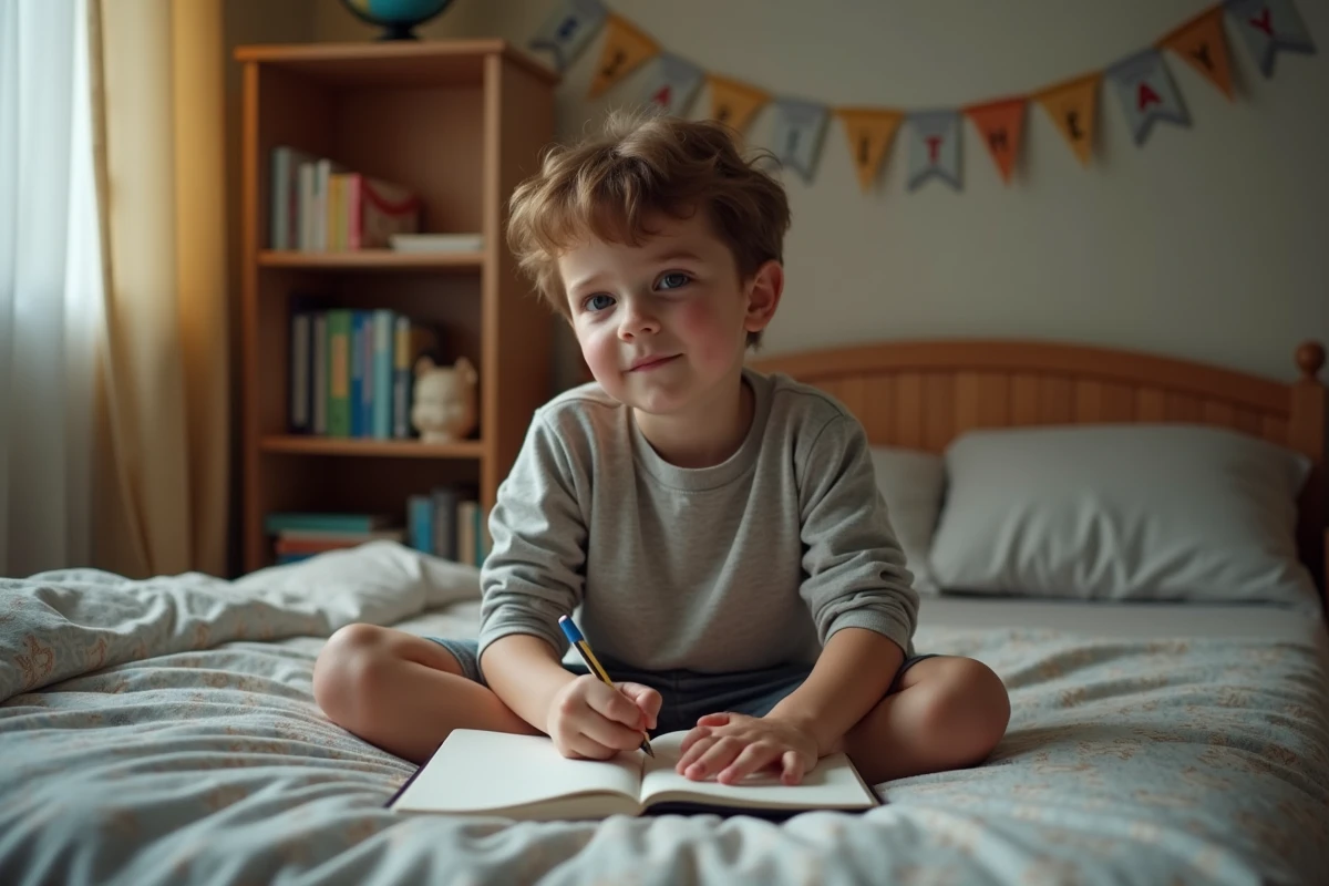 Garçon de 8 ans écrivant dans un journal intime sur son lit pour son anniversaire avec une expression concentrée et touchante