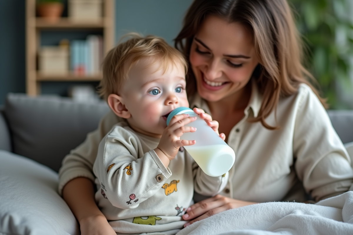 Bebe garçon buvant son biberon avec sa mère