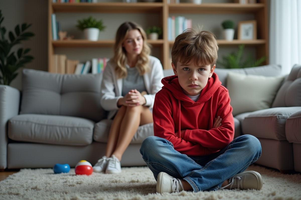 Garçon de huit ans frustré assis sur un canapé moderne