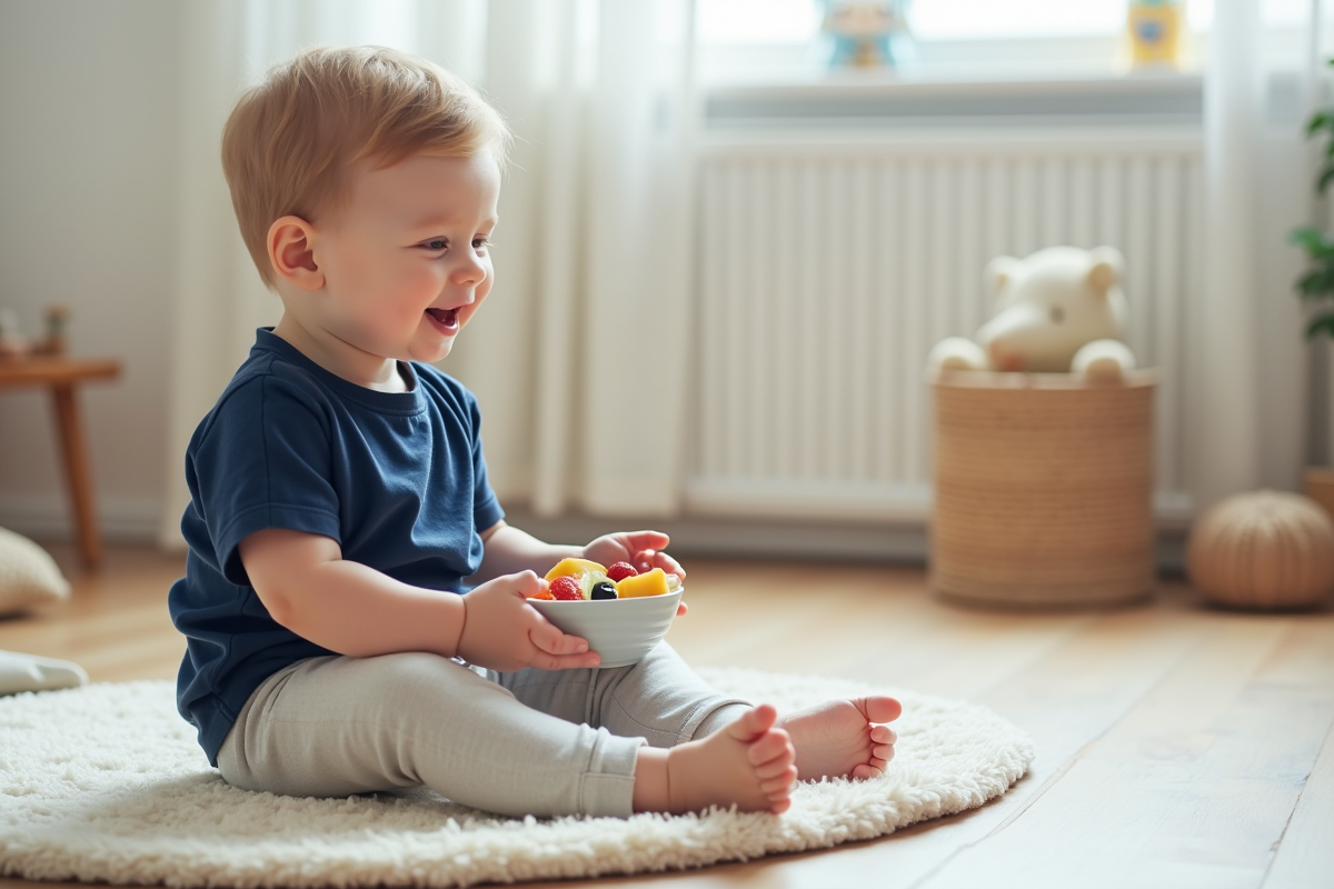 Petit garçon souriant avec un bol de fruits dans une nurserie
