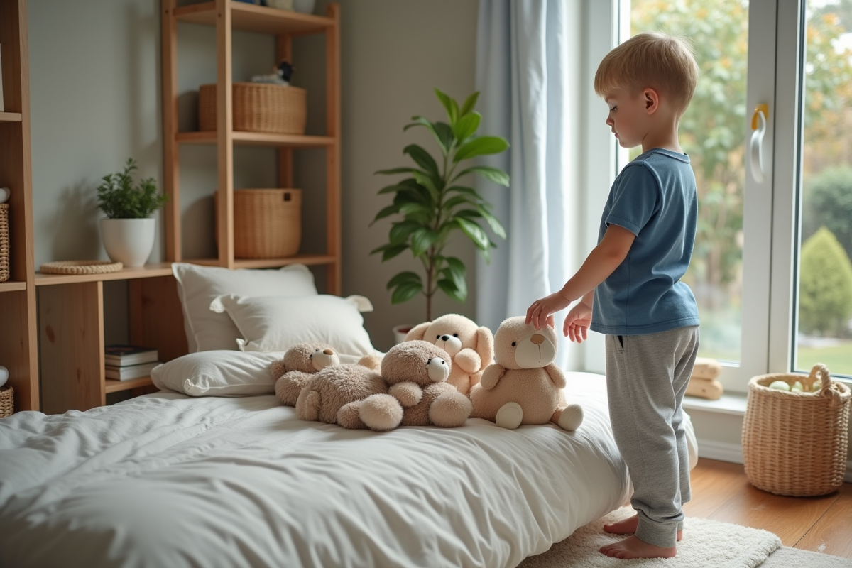 Garçon arrangeant ses peluches sur un lit Montessori