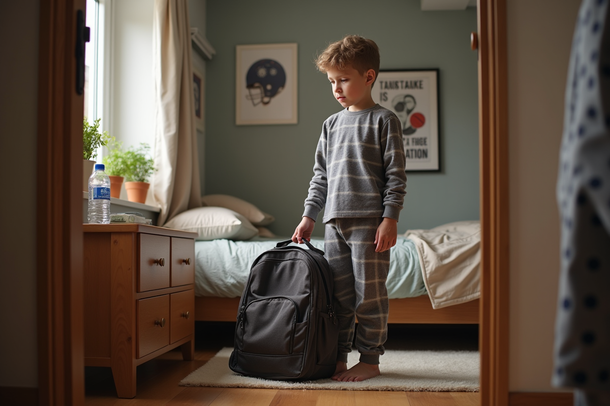 Garçon en pyjama préparant son sac d