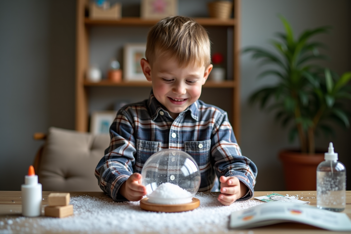 Jeune garçon saupoudrant de la neige artificielle dans un globe