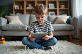 Garçon de 7 ans avec tablette dans un salon familial