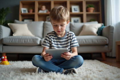 Garçon de 7 ans avec tablette dans un salon familial