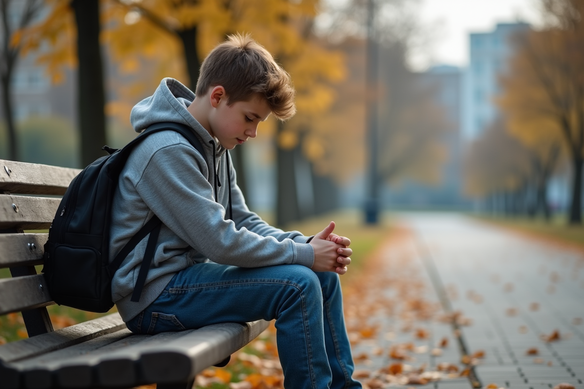 Jeune garçon de 16 ans assis seul sur un banc en automne