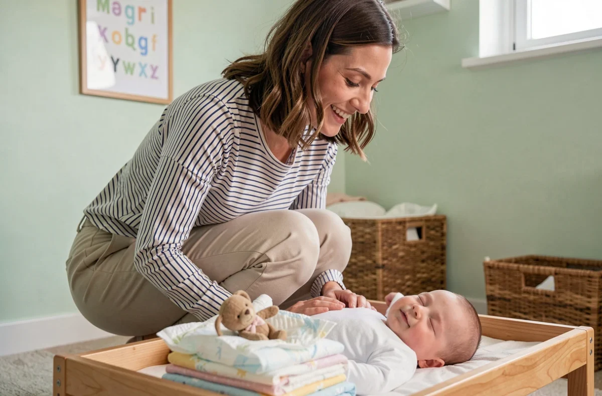 Garde de nuit s'occupant d'un bébé sur une table à langer dans une chambre aux tons pastels