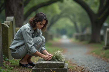 Femme déposant des fleurs blanches sur une tombe lors de l'anniversaire du décès d'un proche