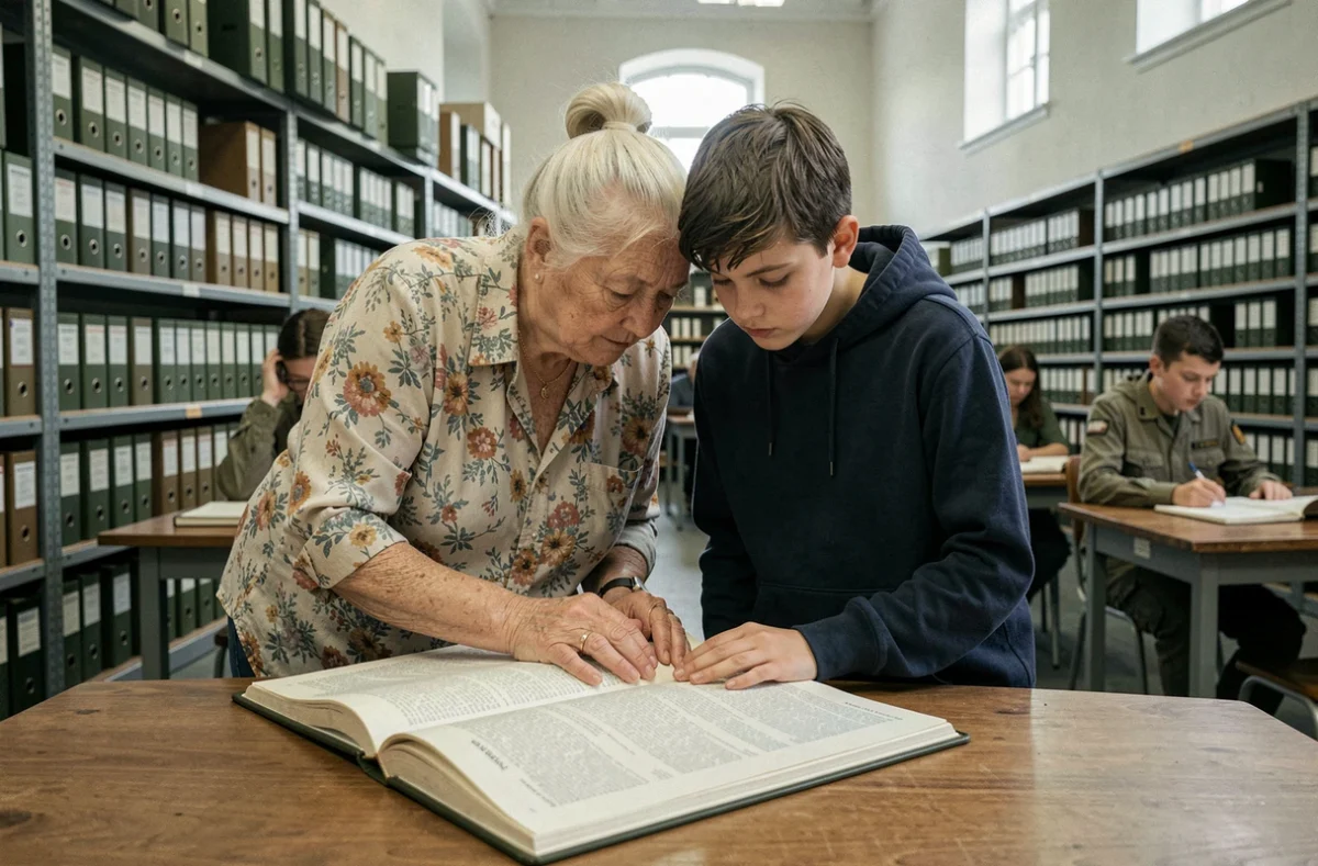 Grand-mère et petit-fils consultant des registres militaires dans une salle d'archives pour retracer des ancêtres disparus pendant la guerre