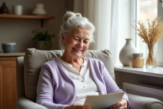 Grand-mère émue lisant un poème manuscrit dans son fauteuil lors de la fête des grands-mères