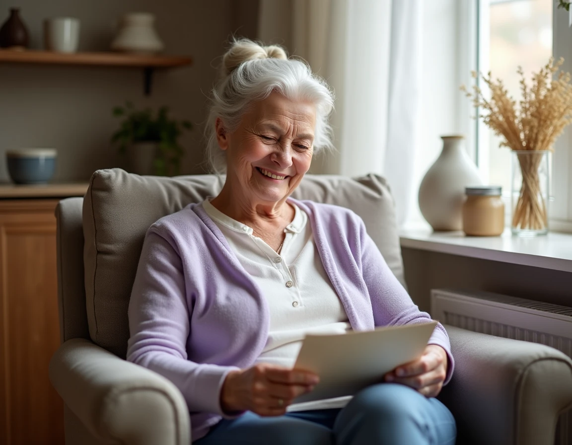 Grand-mère émue lisant un poème manuscrit dans son fauteuil lors de la fête des grands-mères
