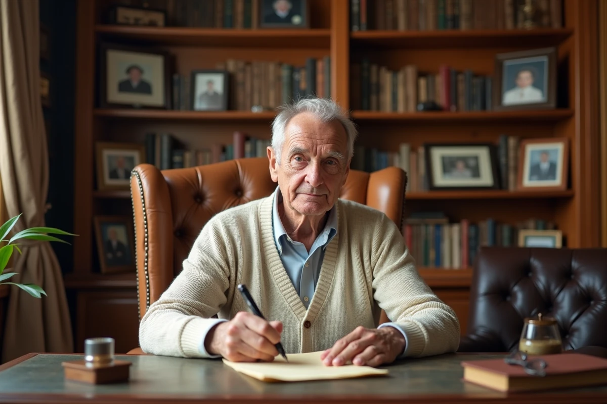 Grand-père âgé écrivant une lettre manuscrite intime à son bureau en bois, entouré de photographies de famille