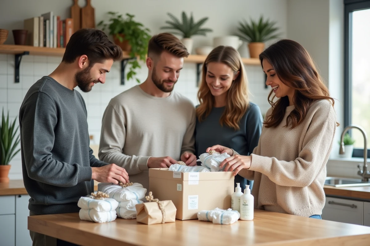Amis préparant un panier cadeau pour bébé