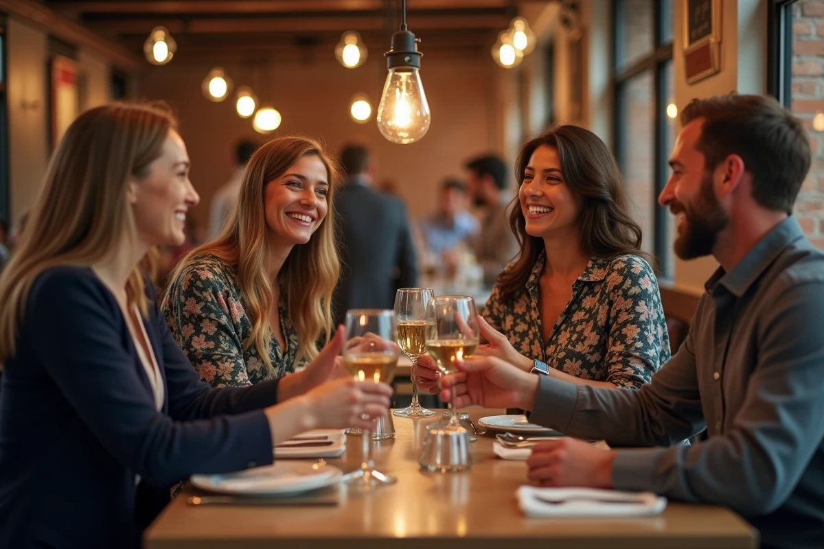 Groupe d'amis fêtant les 40 ans au restaurant avec verres levés et rires authentiques